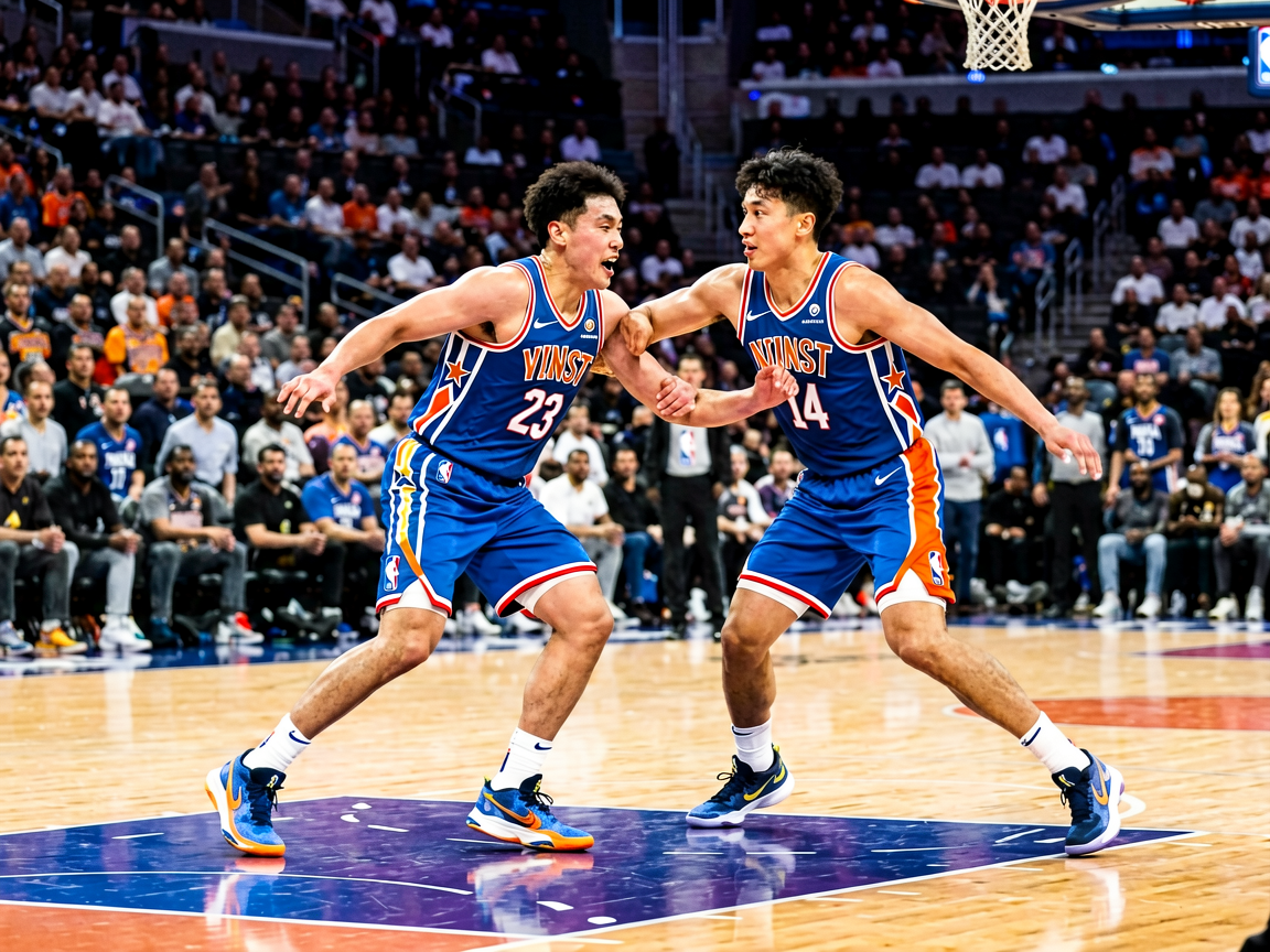 NBA比赛现场，球员在球场上进行激烈对抗